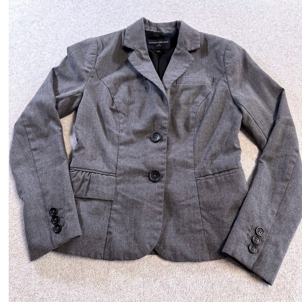 Banana Republic Blazer Women 00P Grey Excellent Herringbone Ruffle Petite Jacket
